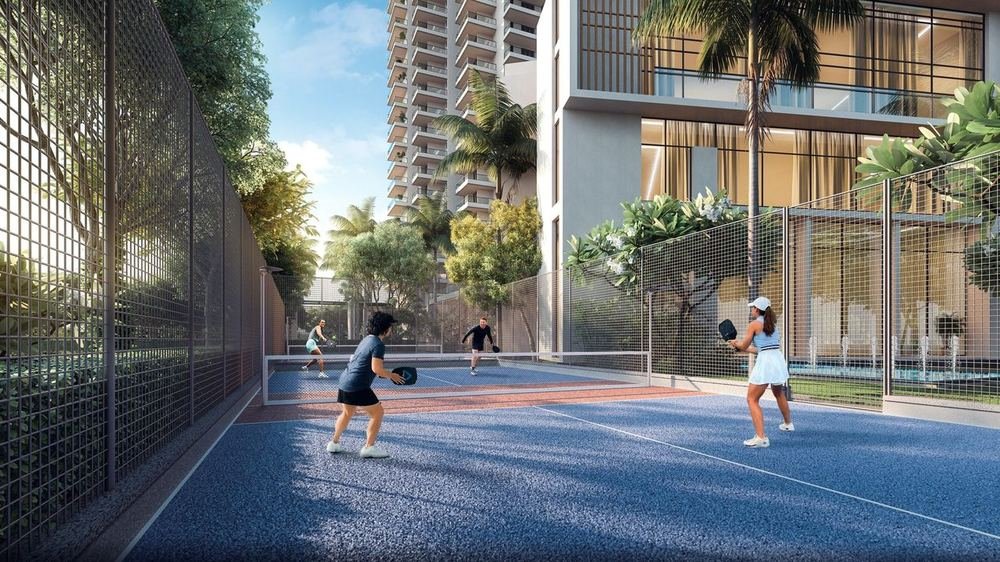 Pickleball court within the landscaped campus