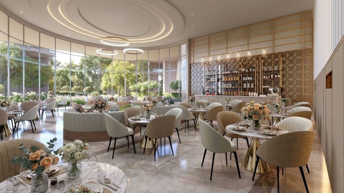 Residents dining lounge with full-height glazing