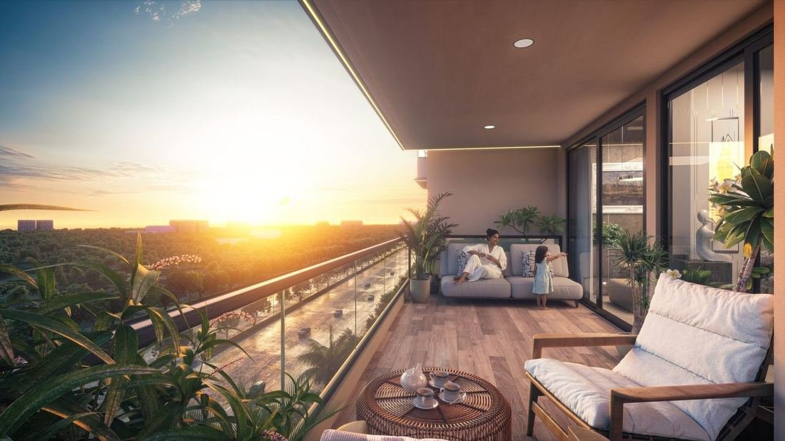 Private balcony at sunset with skyline view